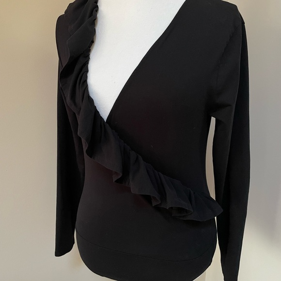 J. Crew Ruffle Front Wrap Black Long Sleeve Bodysuit, Size Medium - Picture 2 of 10